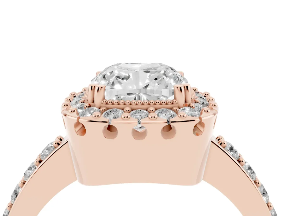 Cushion Cut Diamond Halo Ring with Pavé Band and Prong Setting Rose gold