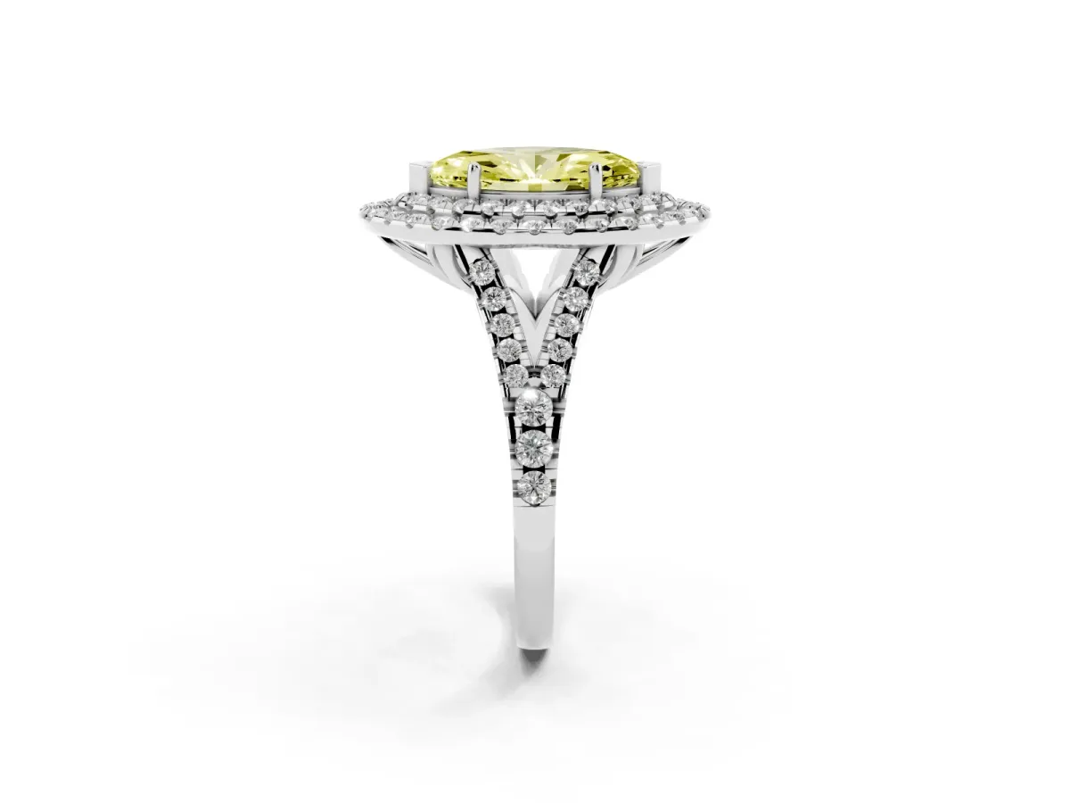 Fancy Yellow Double Halo Marquise Cut Diamond Pavé Split Shank Ring with Prong Setting Silver