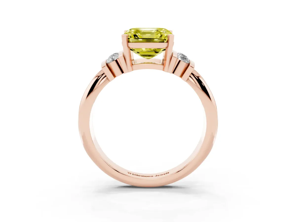 Fancy Yellow Asscher Cut Cut Three-Stone Channel Set Ring with Bar Prongs Rose gold