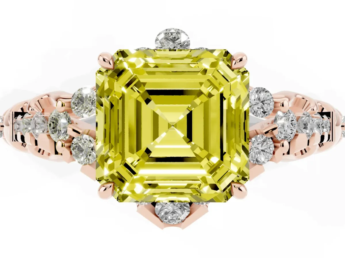 Fancy Yellow Asscher Cut Diamond Solitaire Ring with Hidden Halo and Pavé Band Rose gold