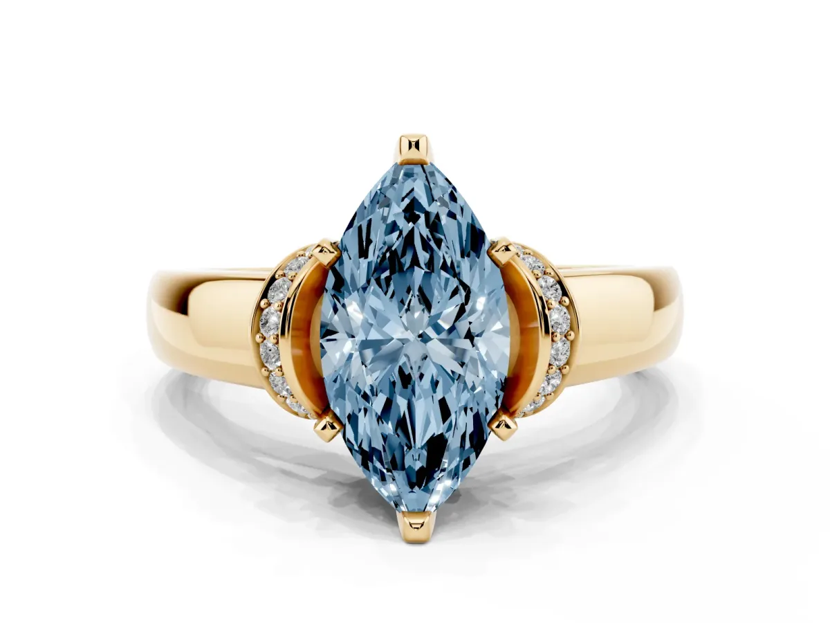 Fancy Blue Marquise Cut Solitaire Diamond Ring with Pave Band and Six-Prong Setting Yellow gold