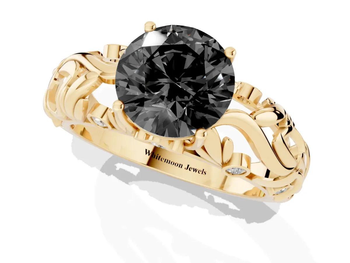 Fancy Black Round Cut Solitaire Diamond Leaf-Inspired Vine Band Ring with Prong Setting Yellow gold