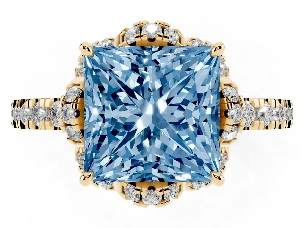Fancy Blue Princess Cut Halo Diamond Pave Band Ring with Four-Prong Setting Yellow gold