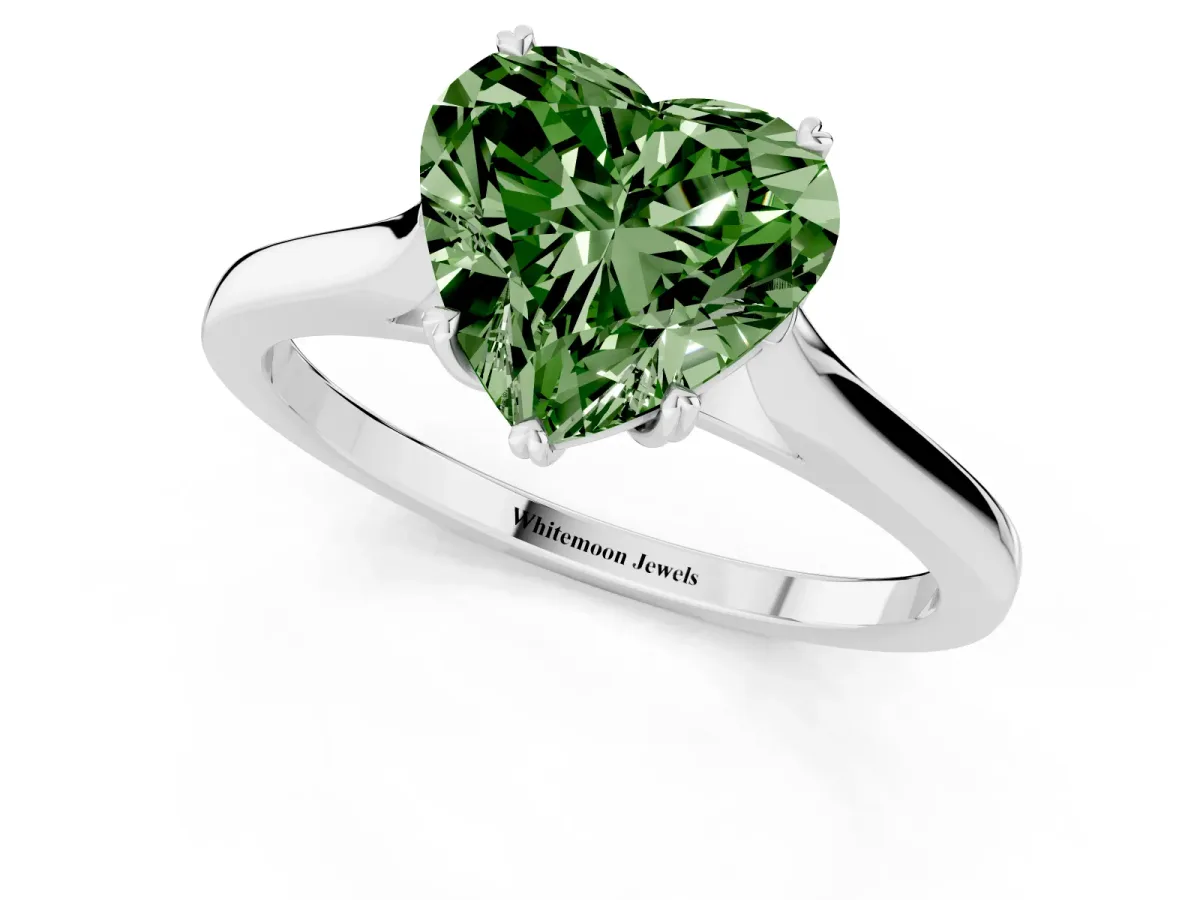 Fancy Green Heart Cut Solitaire Heart Prong Engagement Ring with Tapered Band White gold