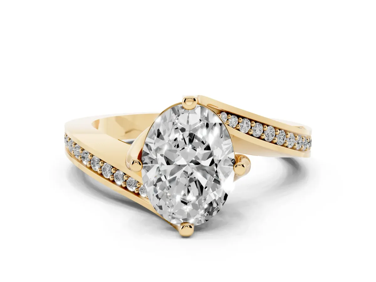 Oval Cut Solitaire Diamond Twist Band with Pavé Setting and Four-Prong Setting Yellow gold