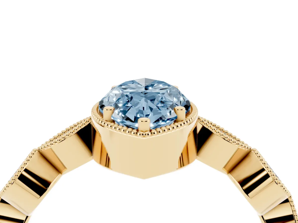 Fancy Blue Marquise Cut Diamond Vintage Milgrain Ring with Round Stations Yellow gold