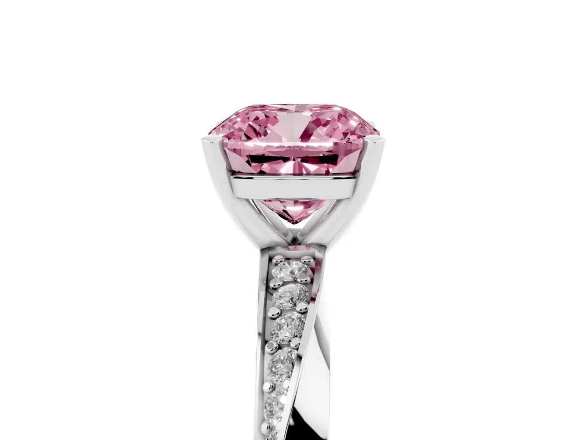 Fancy Pink Cushion Cut Diamond Engagement Ring with Side Stone Accents and Four-Prong Setting Platinum