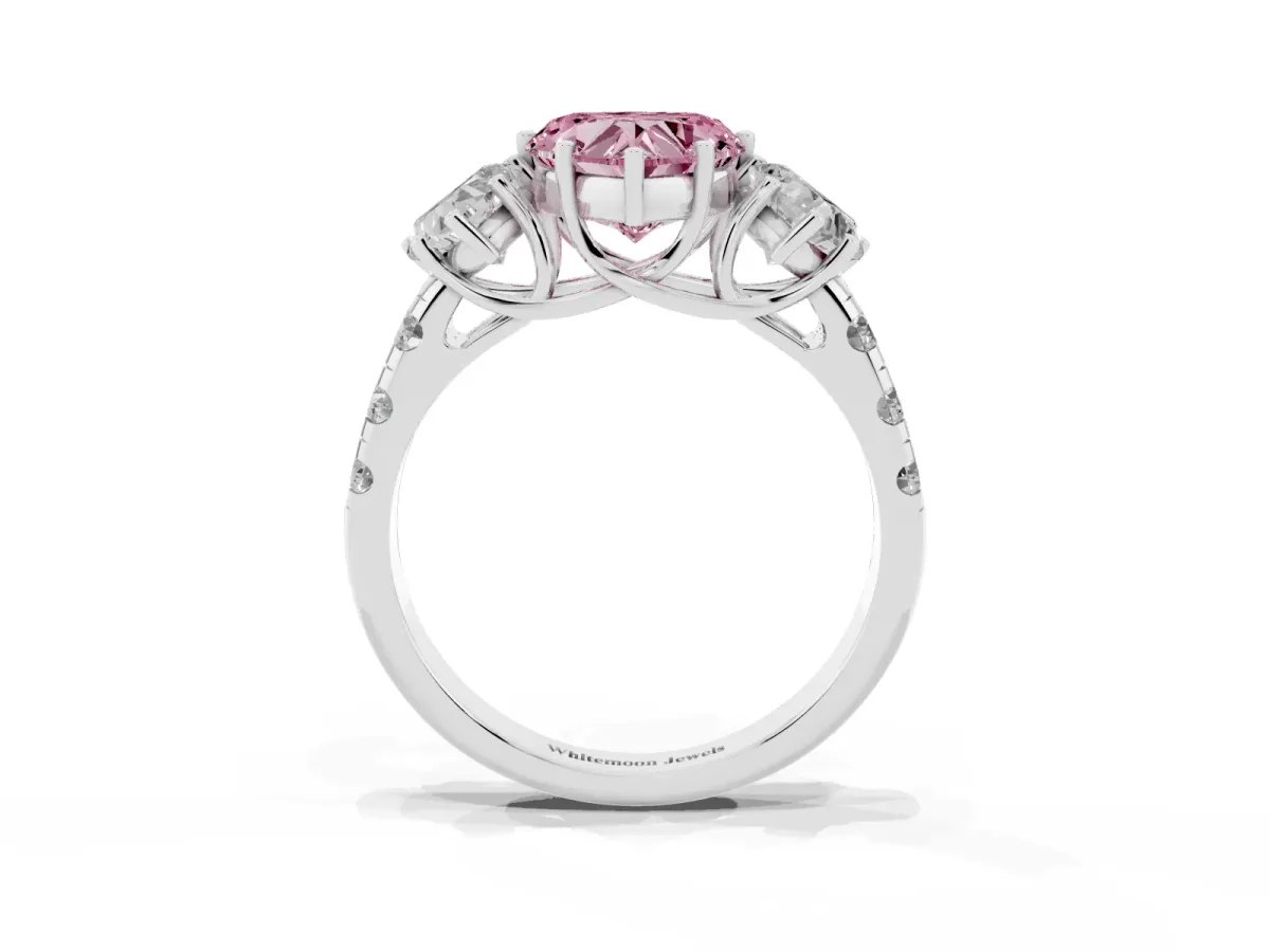 Fancy Pink Three-Stone Heart Cut Diamond Pavé Band with Prong Setting Silver