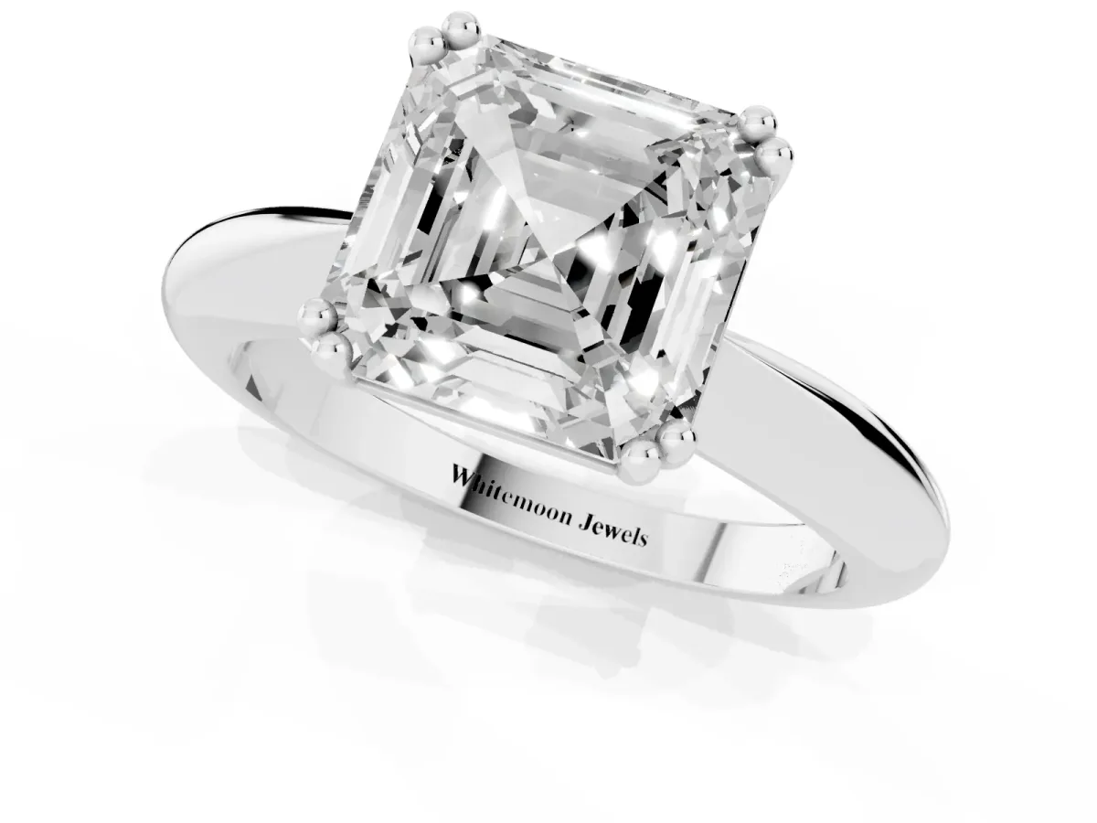 Asscher Cut Cut Solitaire Engagement Ring with Tapered Band and Four-Prong Setting White gold