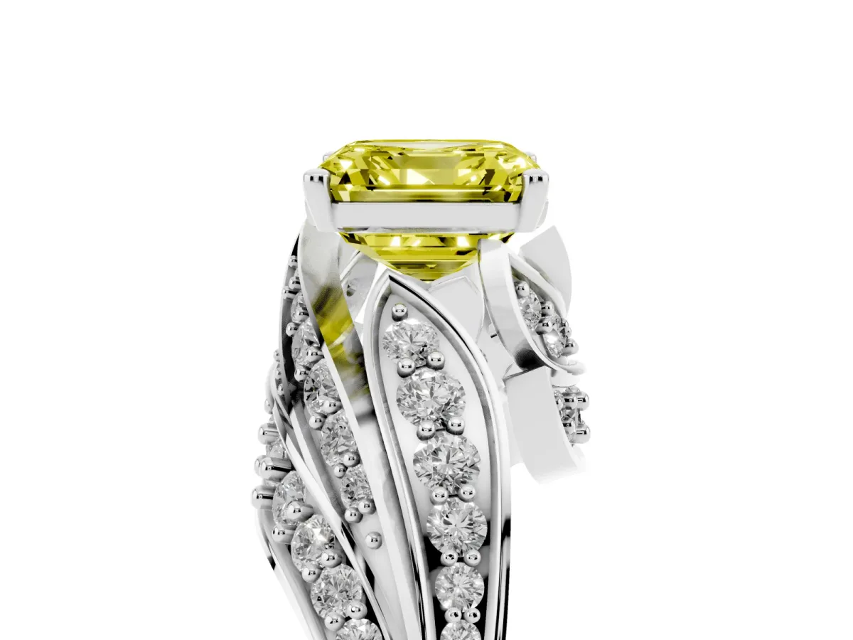 Fancy Yellow Asscher Cut Diamond Solitaire Ring with Prong Setting and Twisted Pavé Band Silver
