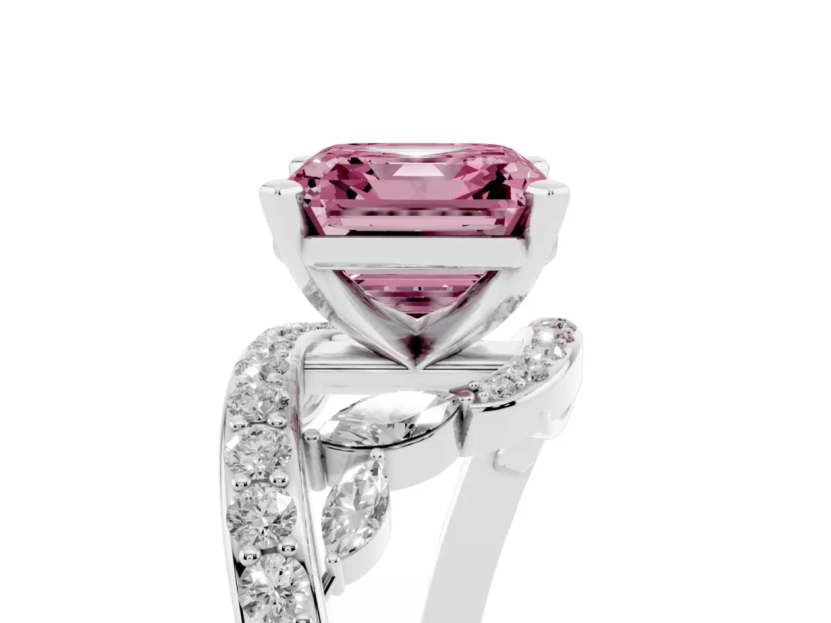 Fancy Pink Asscher Cut Solitaire with Pavé Twist Band and Four-Prong Setting Platinum