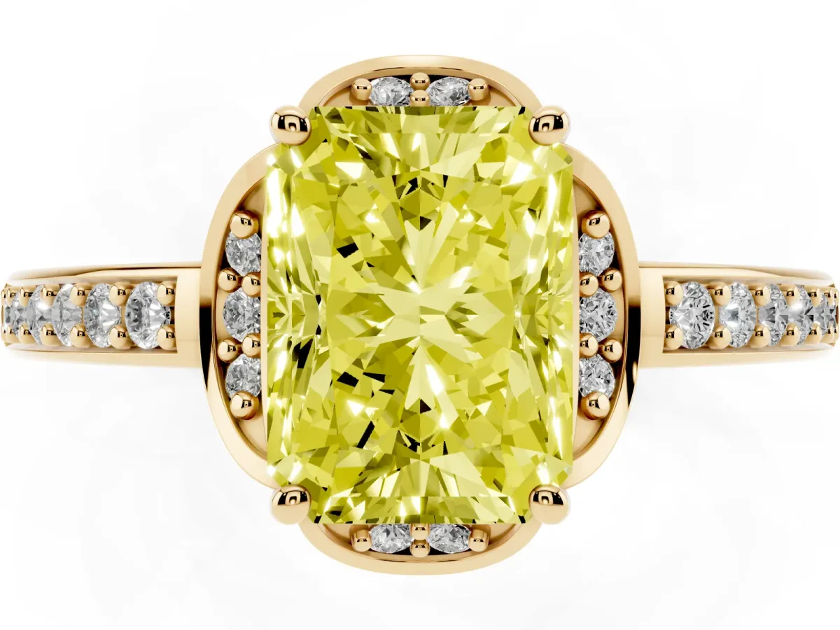 Fancy Yellow Radiant Cut Cut Halo Diamond Ring with Channel Set Band and Four-Prong Setting Yellow gold