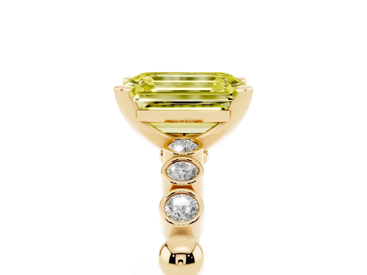 Fancy Yellow Emerald Cut Solitaire Bezel Accent Diamond Engagement Ring with Beaded Band and Four-Prong Setting Yellow gold