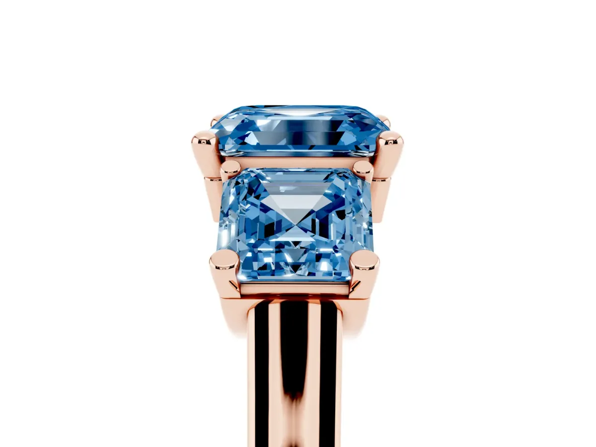 Fancy Blue Three-Stone Asscher Cut Brilliant Diamond Trellis Ring with Comfort Fit Band Rose gold
