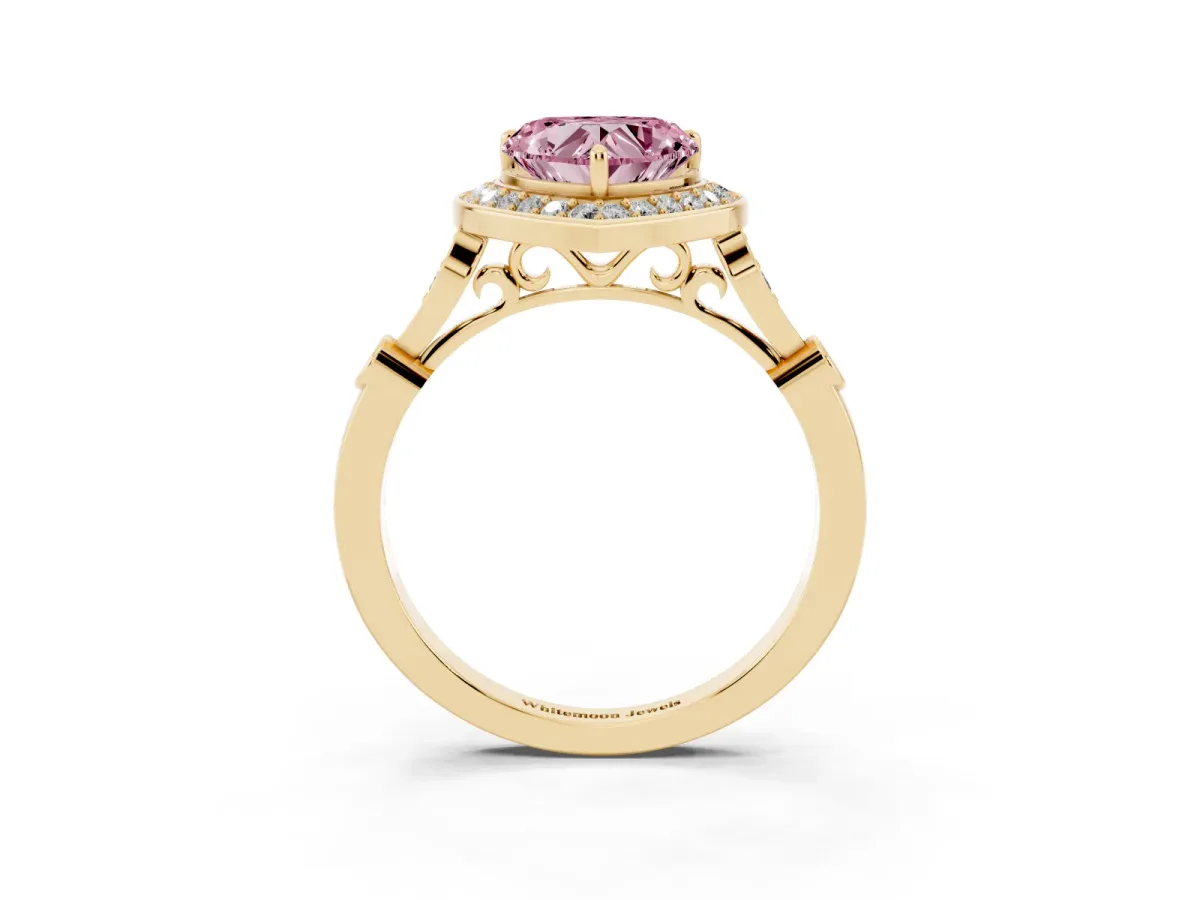 Fancy Pink Heart Cut Halo Diamond Engagement Ring with Twisted Band and Four-Prong Setting Yellow gold