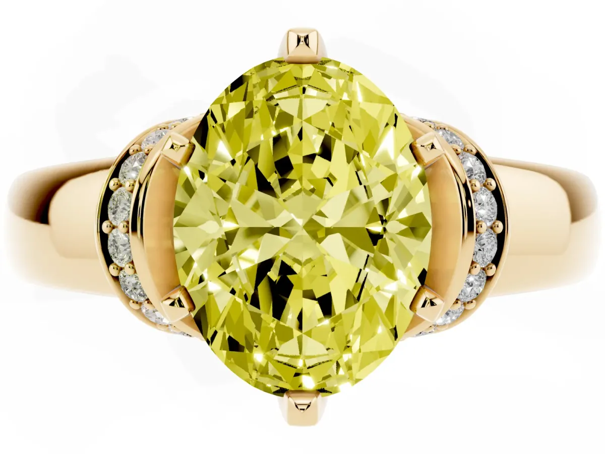 Fancy Yellow Oval Cut Solitaire Diamond Ring with Pave Band and Six-Prong Setting Yellow gold