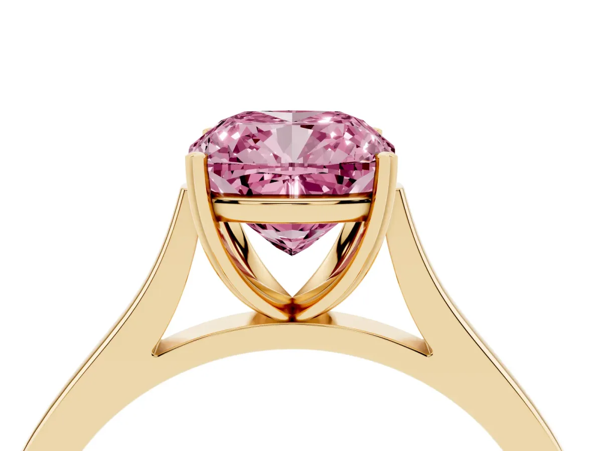 Fancy Pink Cushion Cut Solitaire Heart Prong Engagement Ring with Tapered Band Yellow gold