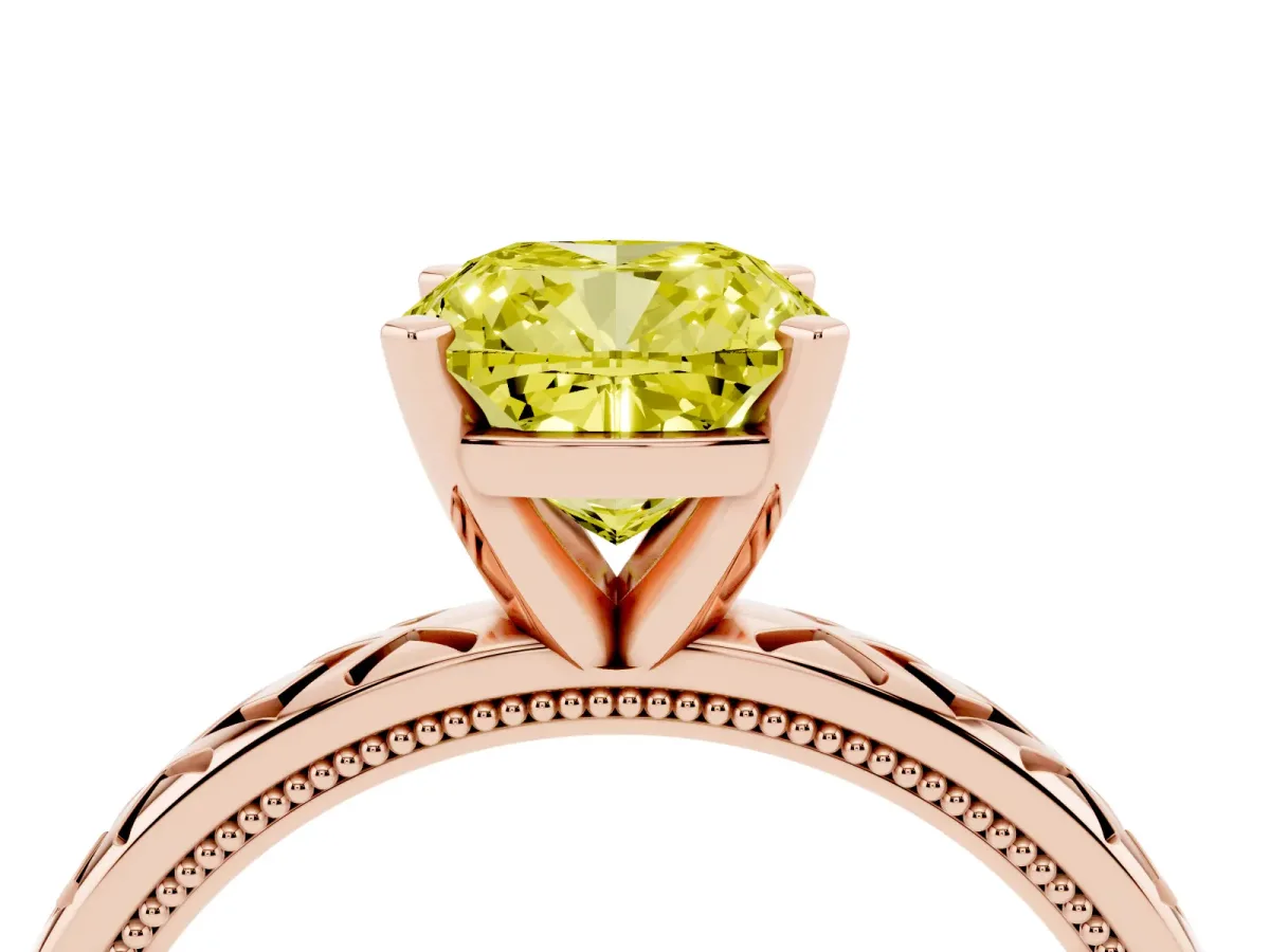 Fancy Yellow Cushion Cut Solitaire Diamond Ring with Milgrain and Black Enamel X Pattern Band Rose gold