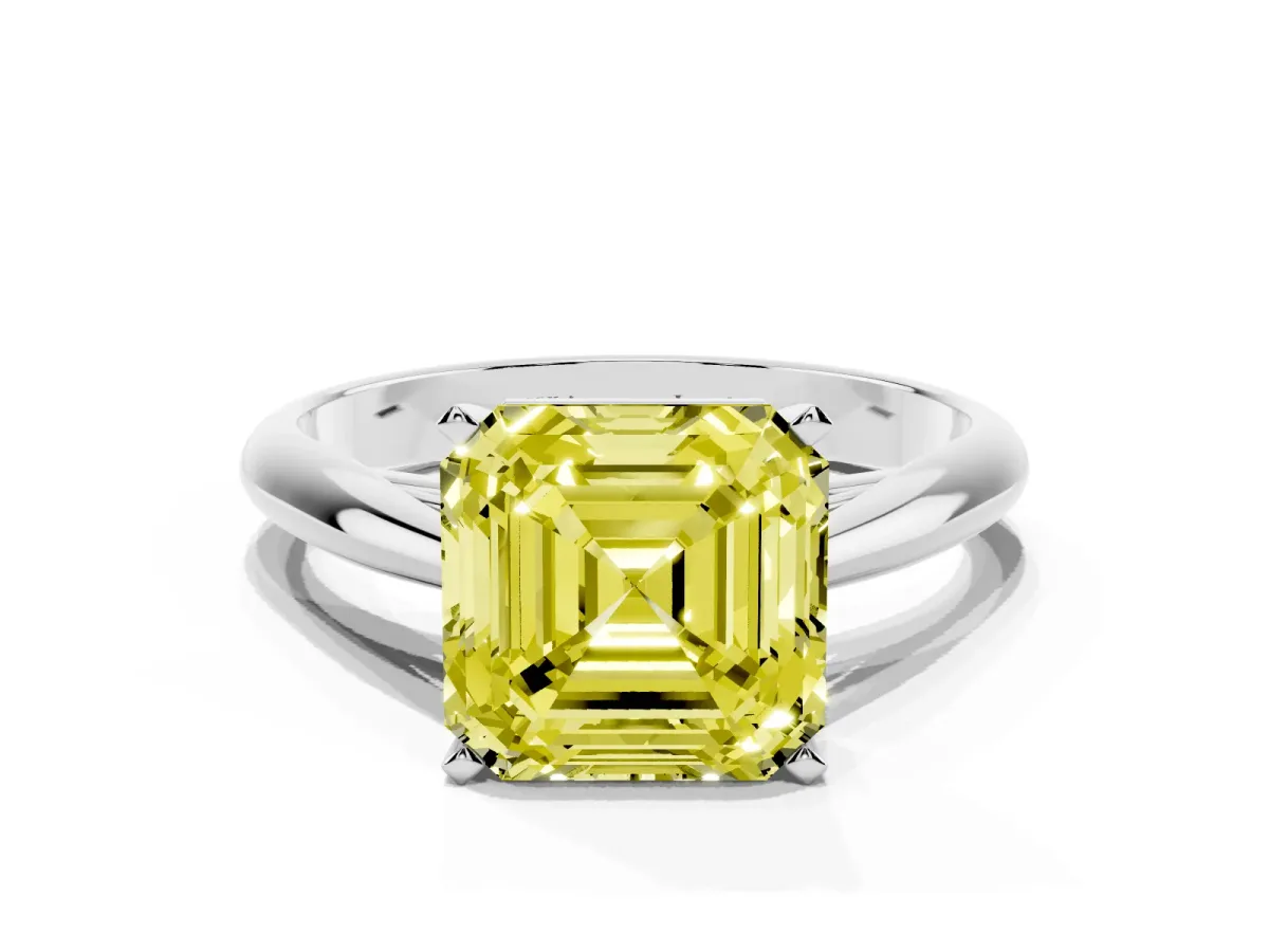 Fancy Yellow Asscher Cut Diamond Solitaire Engagement Ring with Cathedral Setting and Four-Prong Mount White gold