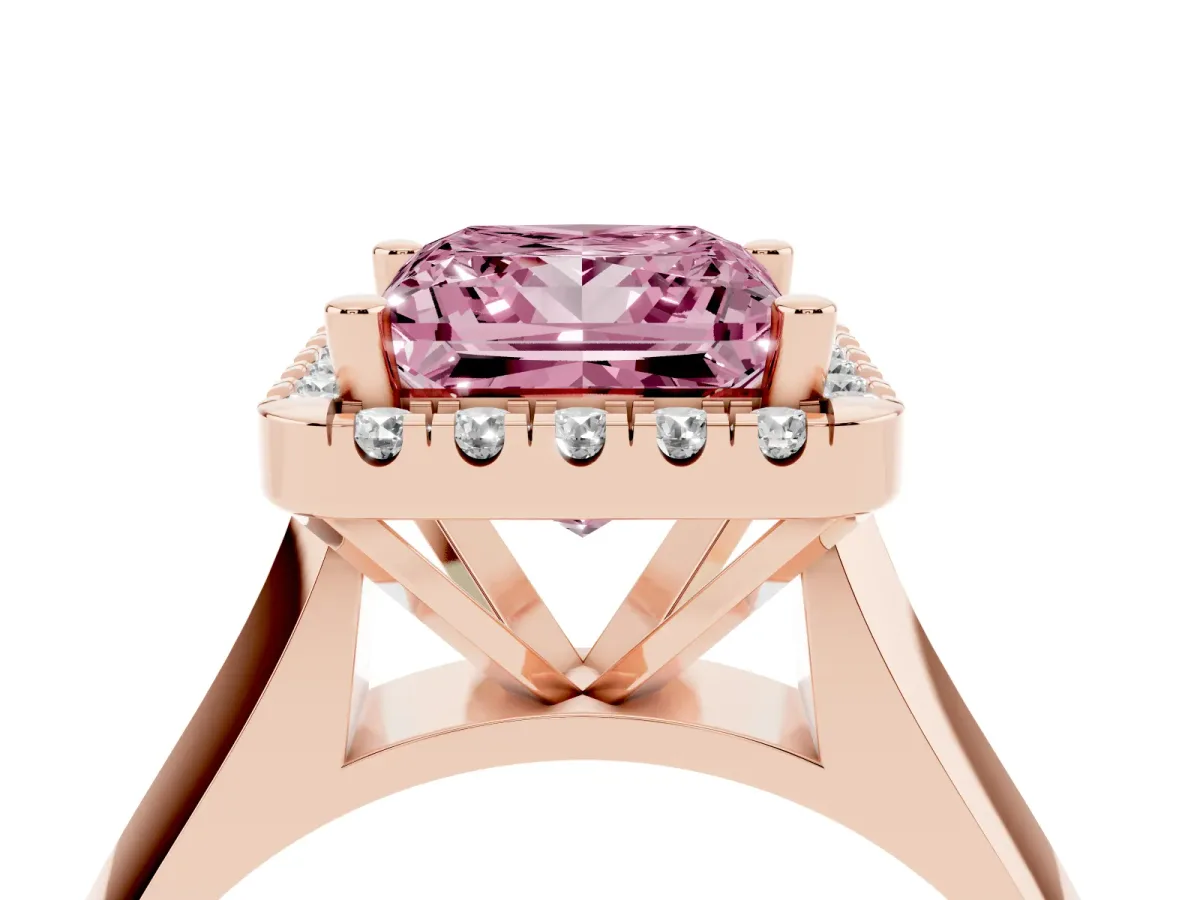 Fancy Pink Princess Cut Cut Halo Solitaire Engagement Ring with Square Band and Four-Prong Setting Rose gold