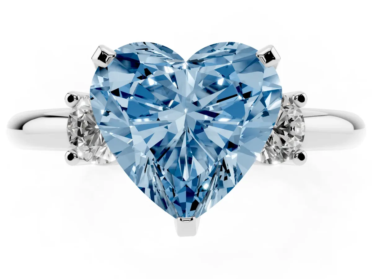 Fancy Blue Three-Stone Heart Cut Cut Diamond Solitaire with Prong Setting and Classic Band Silver