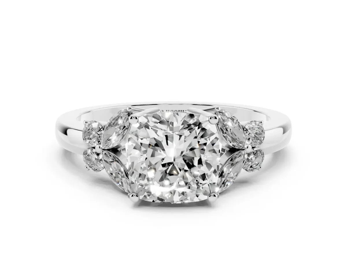 Cushion Cut Cut Solitaire Floral Diamond Ring with Four-Prong Setting Silver