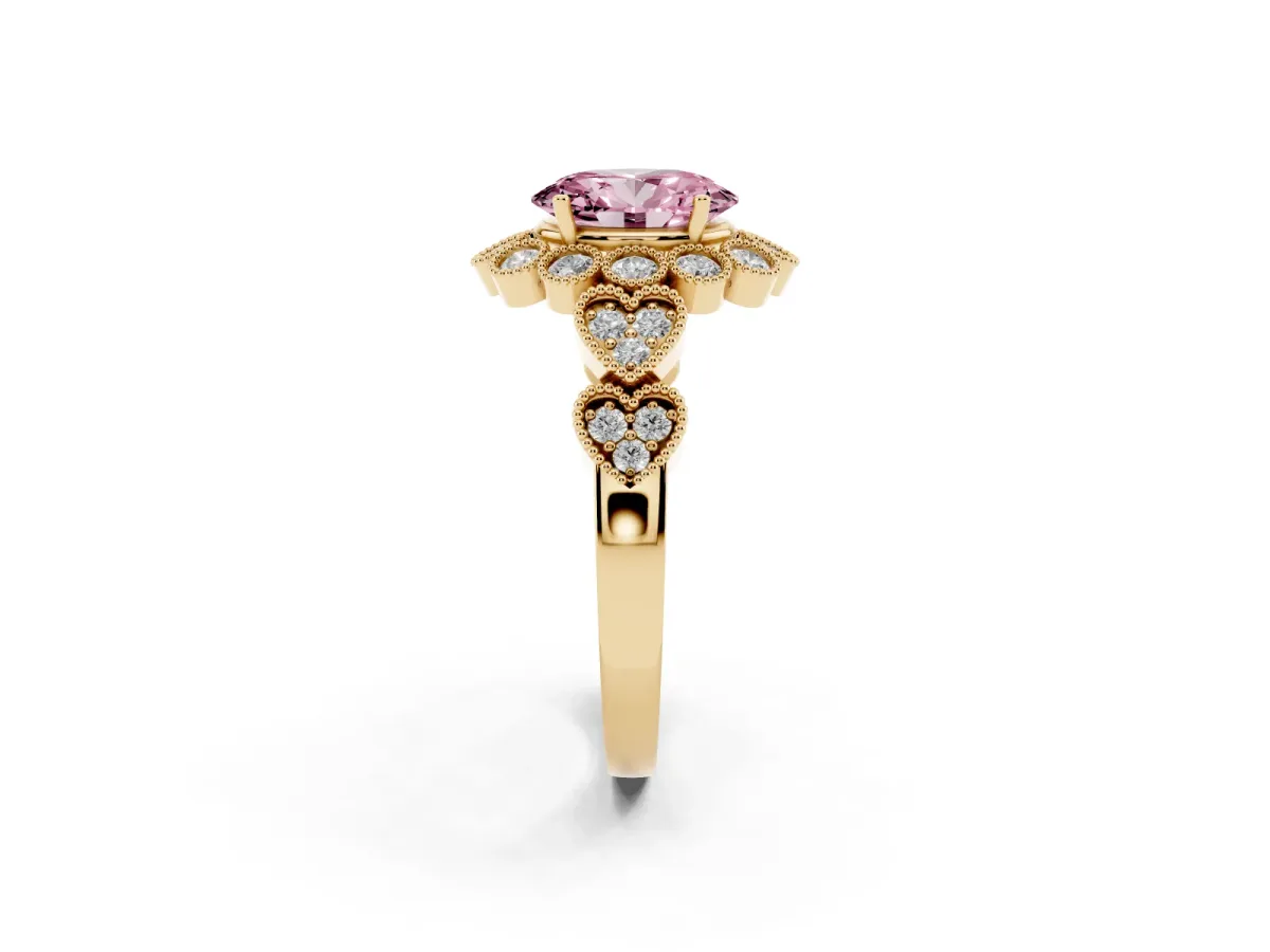 Fancy Pink Oval Cut Brilliant Milgrain Pave Heart Band Solitaire Ring Yellow gold