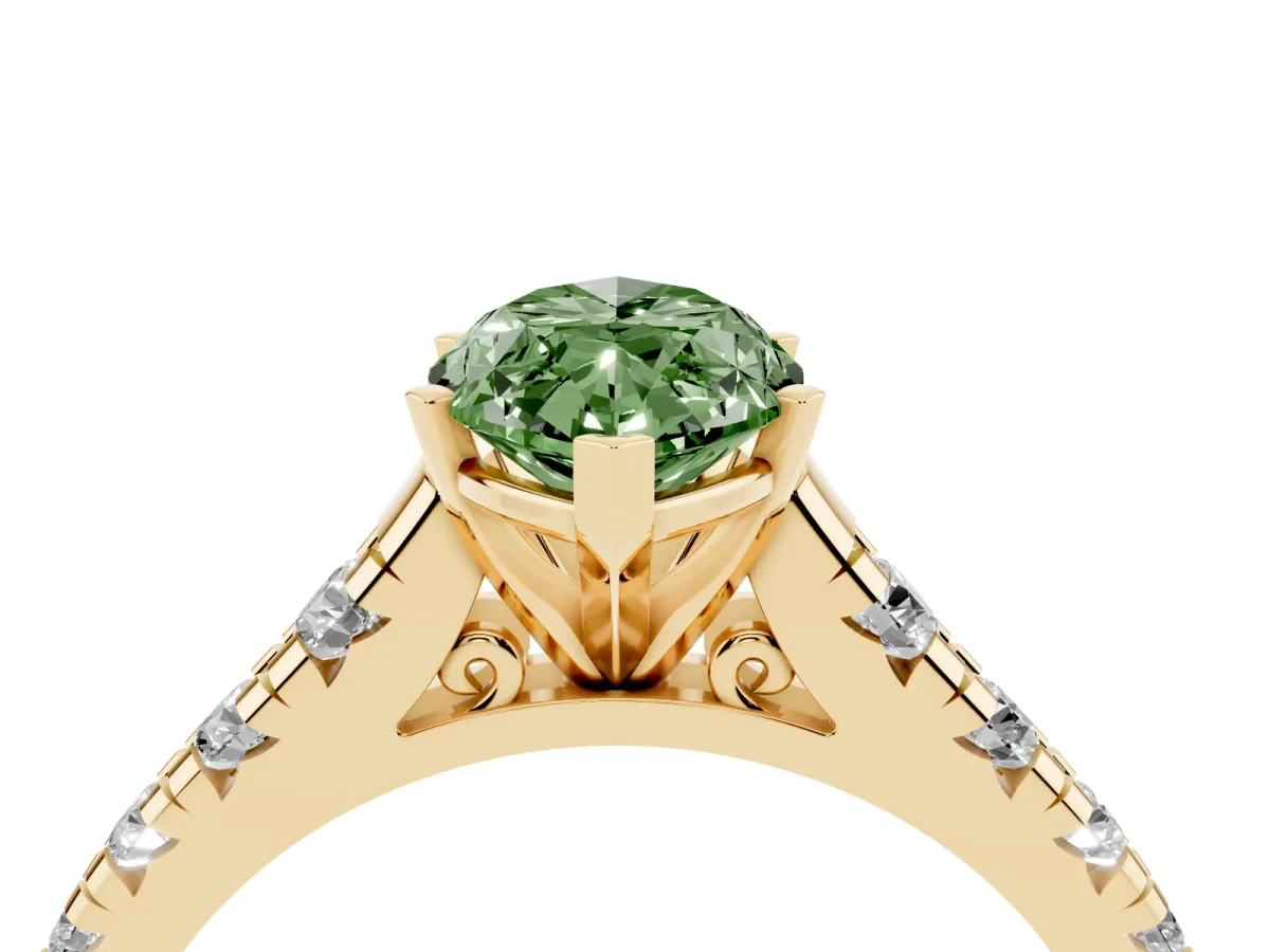 Fancy Green Marquise Cut Diamond Cathedral Solitaire Ring with Round Pavé Band Yellow gold