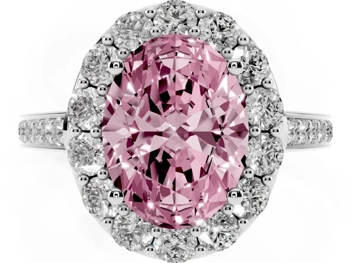 Fancy Pink Oval Cut Diamond Floral Halo Ring with Pavé Band and Prong Setting Platinum