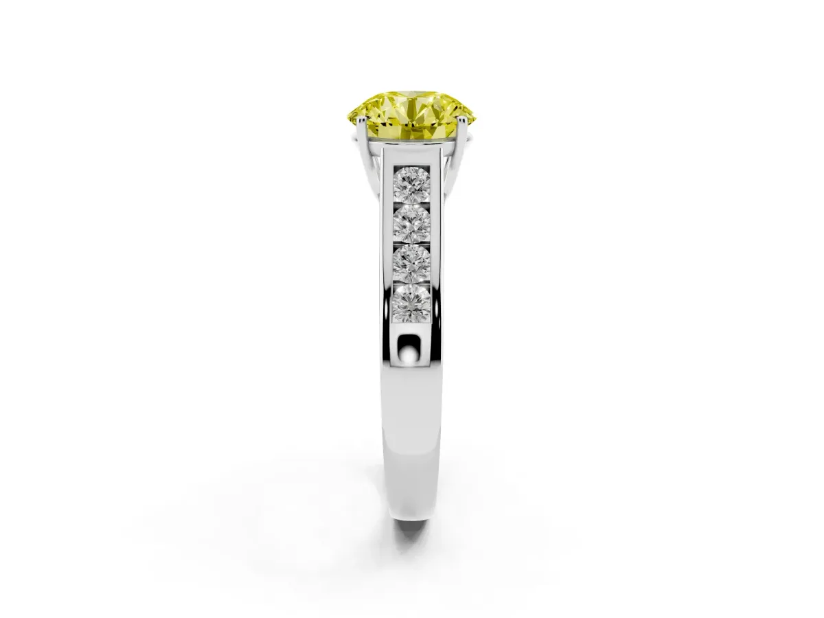 Fancy Yellow Round Cut Solitaire Channel-Set Diamond Engagement Ring with Four-Prong Setting Silver
