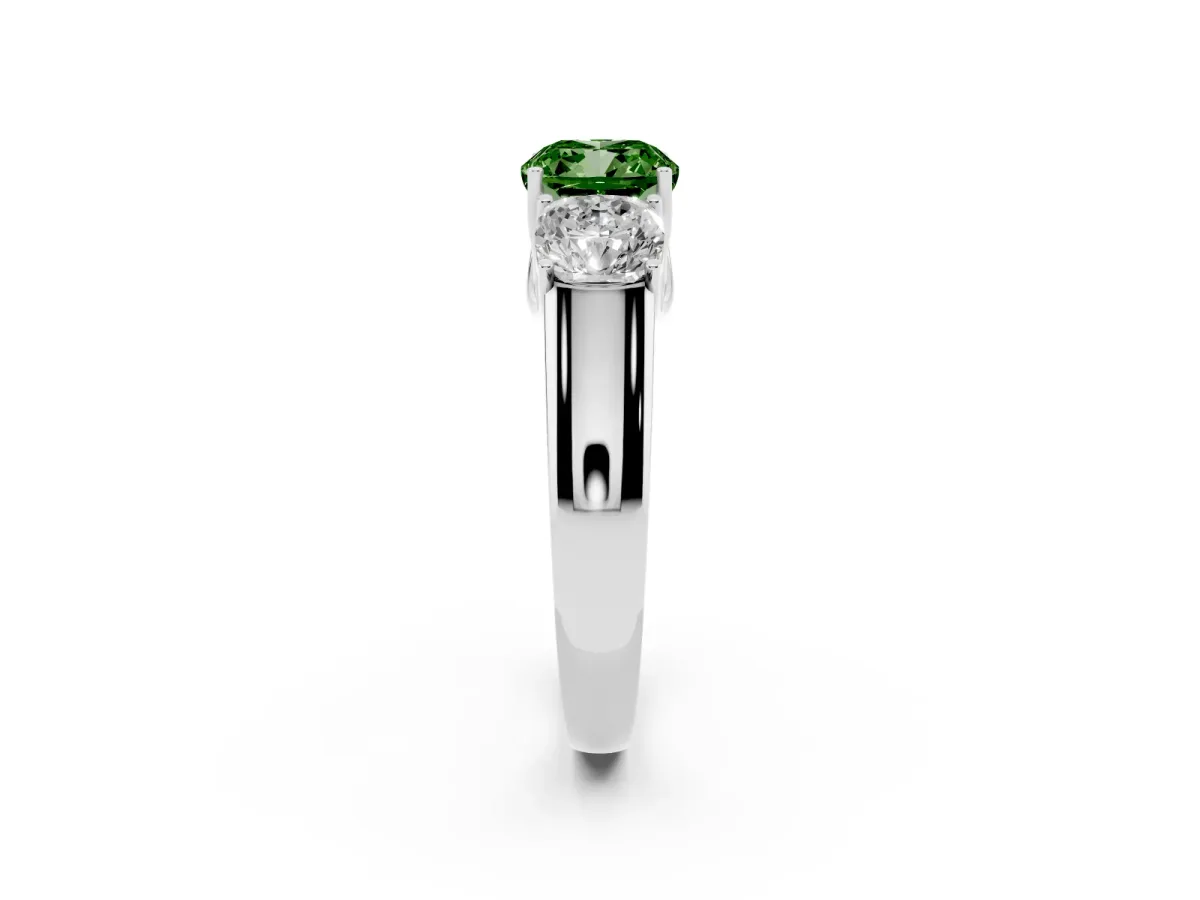 Fancy Green Three-Stone Cushion Cut Cut Diamond Ring with Prong Setting and Classic Band Silver