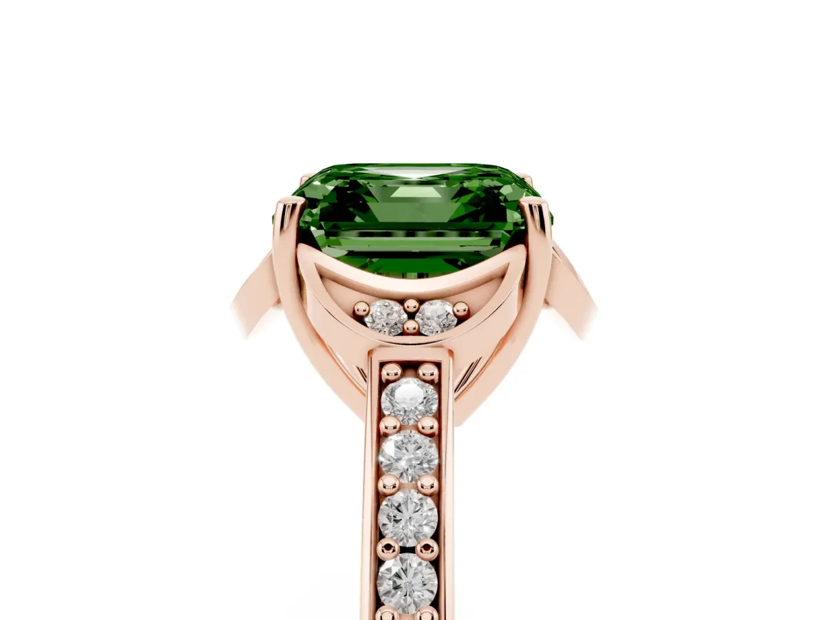 Fancy Green Asscher Cut Cut Halo Diamond Ring with Channel Set Band and Four-Prong Setting Rose gold