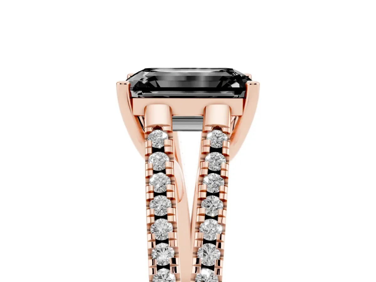 Fancy Black Emerald Cut Diamond Solitaire Engagement Ring with Split Shank Pavé Band Rose gold