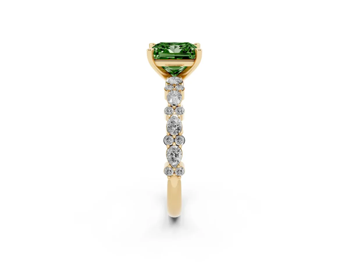 Fancy Green Princess Cut Diamond Side Stone Solitaire Ring with Round and Four-Prong Setting Yellow gold