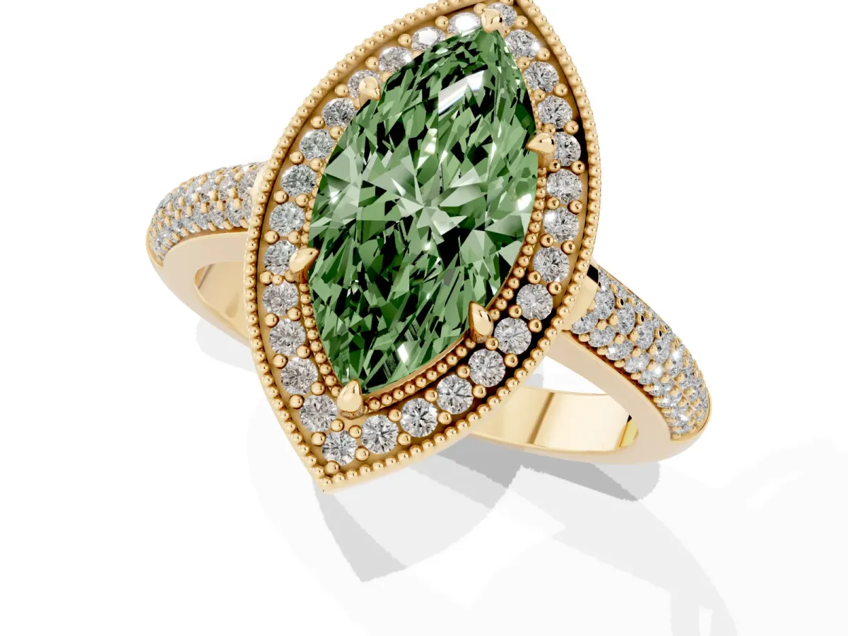 Fancy Green Marquise Cut Cut Halo Diamond Pave Band with Four-Prong Setting Yellow gold