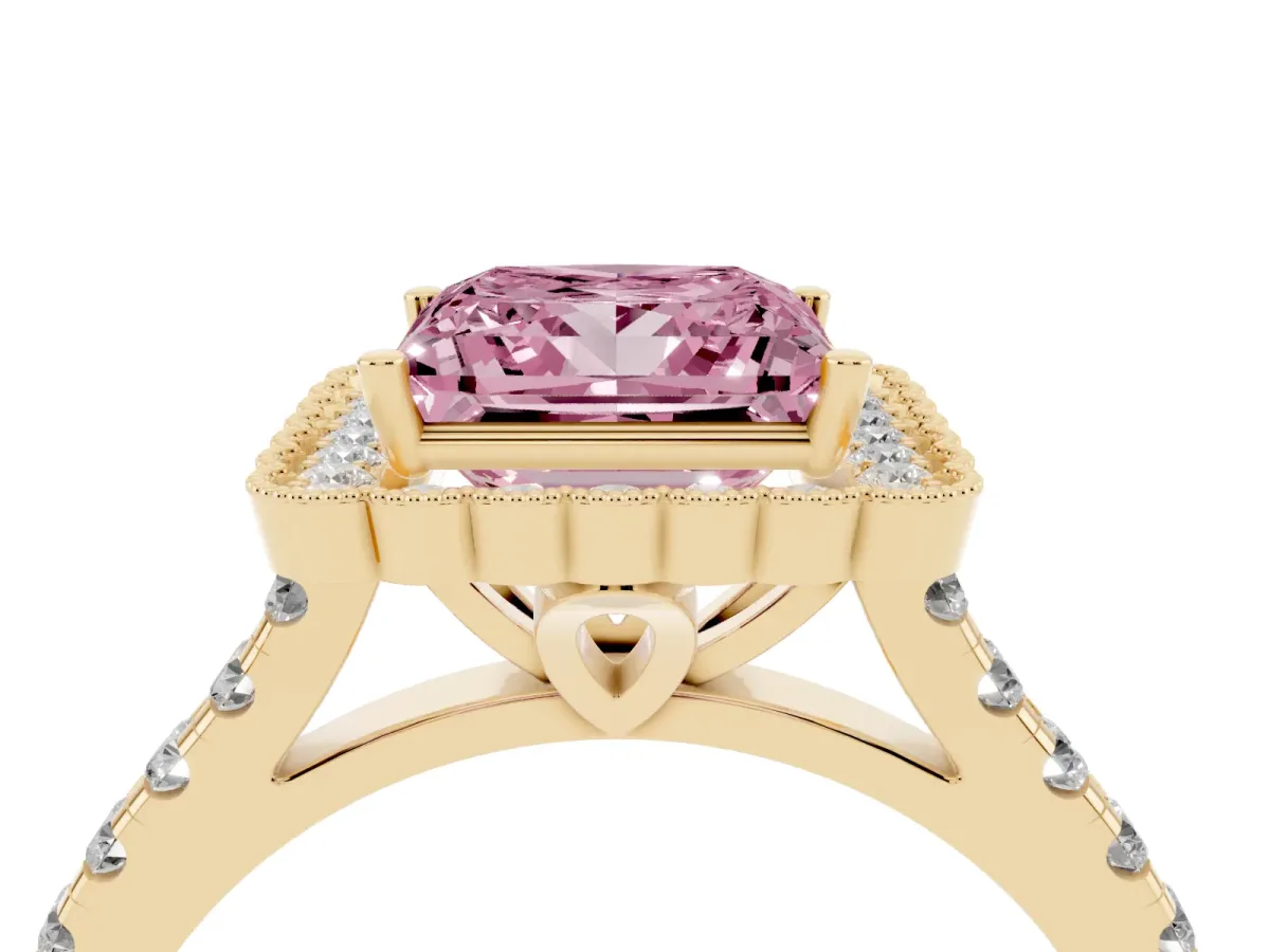 Fancy Pink Princess Cut Cut Diamond Milgrain Floral Halo Engagement Ring with Pavé Band Yellow gold