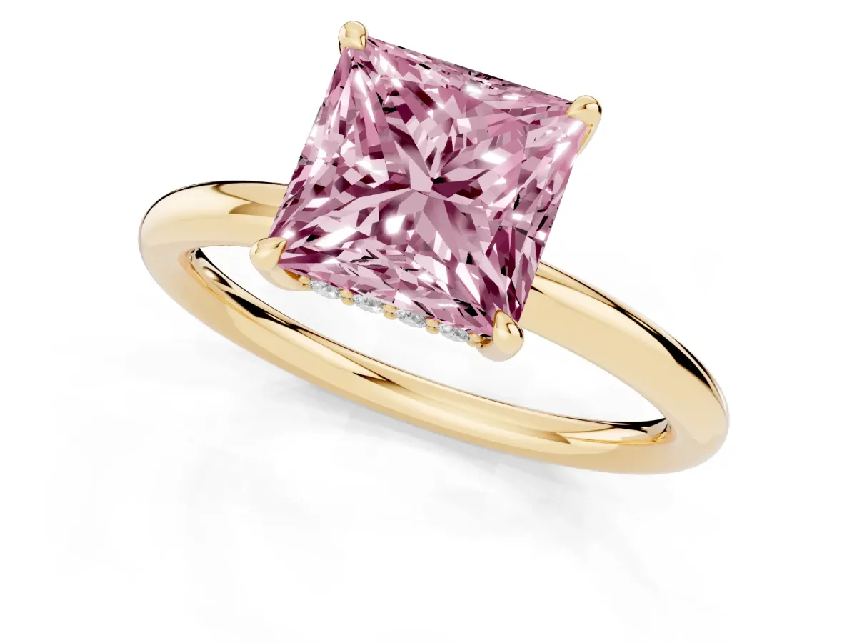 Fancy Pink Princess Cut Diamond Solitaire Ring with Thin Band and Four-Prong Setting Yellow gold