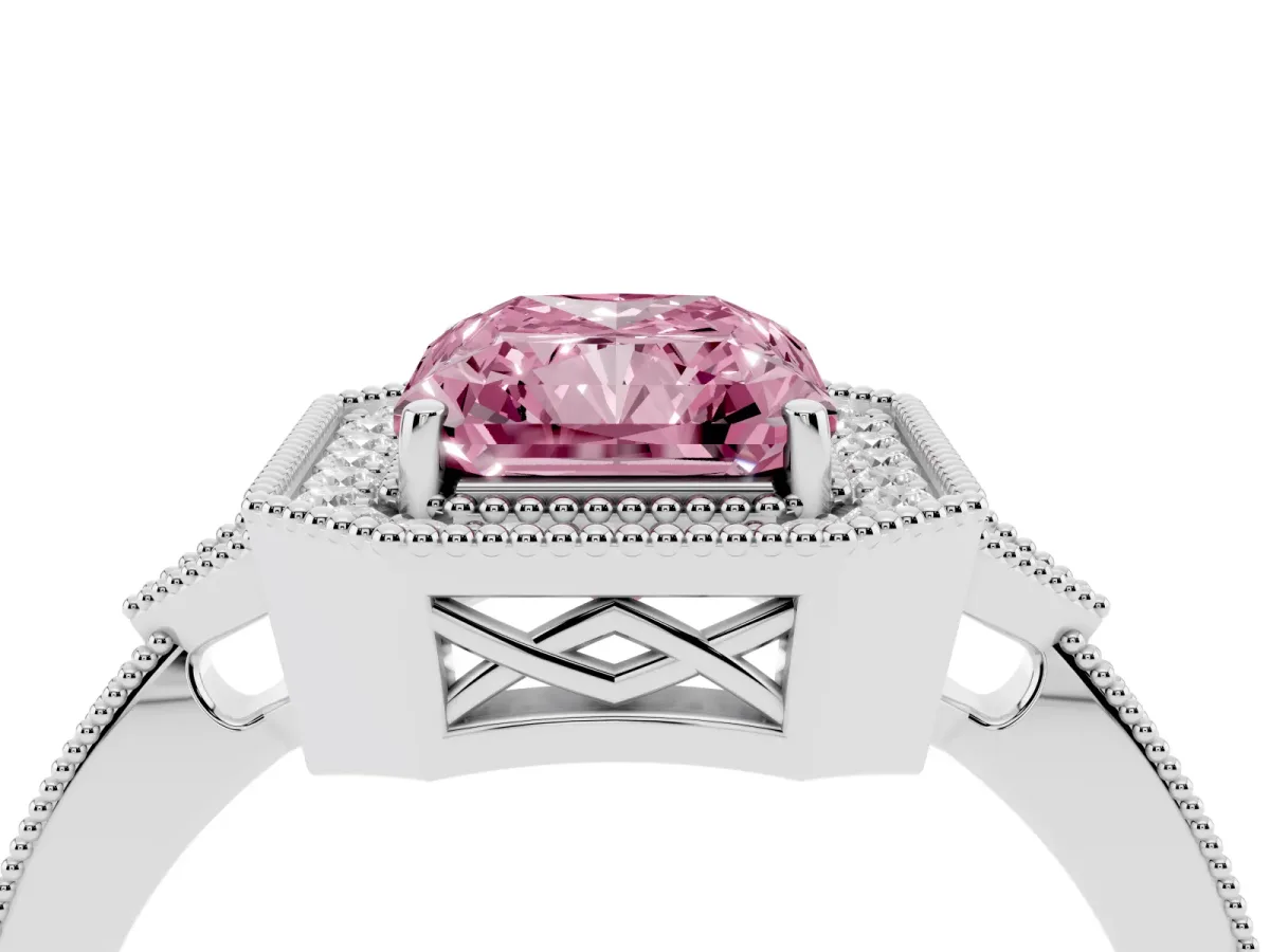Fancy Pink Radiant Cut Halo Round Diamond Milgrain Pave Engagement Ring Silver