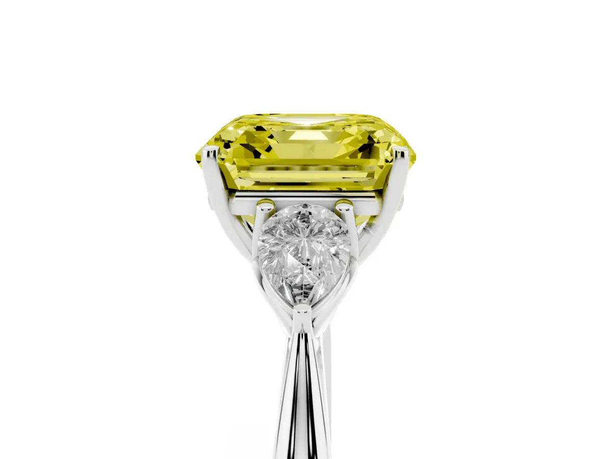 Fancy Yellow Asscher Cut Diamond Three-Stone Ring with Pear Side Stones and Prong Setting Silver