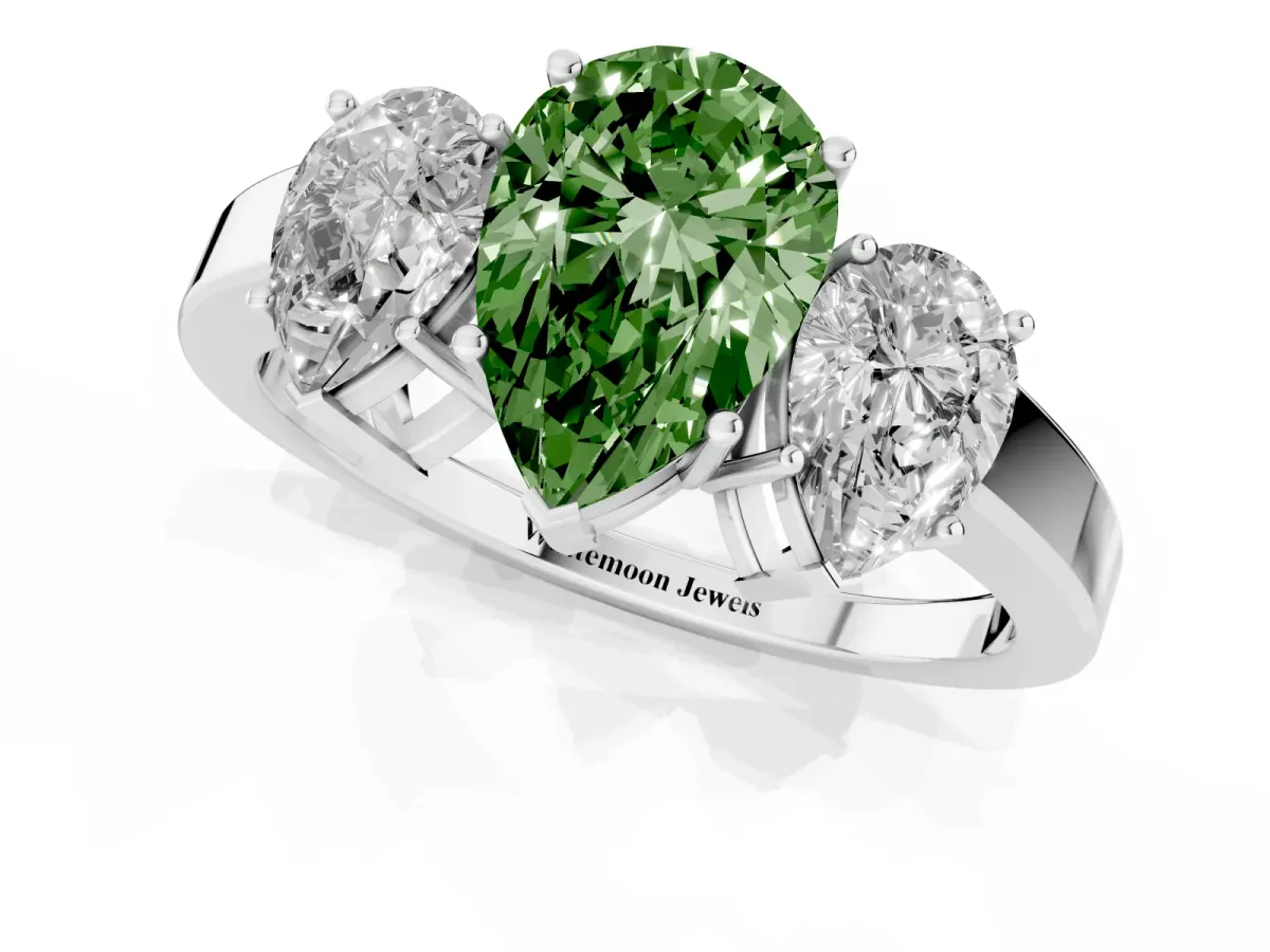 Fancy Green Three-Stone Pear Cut Cut Diamond Engagement Ring with Flat Band and Four-Prong Setting Silver
