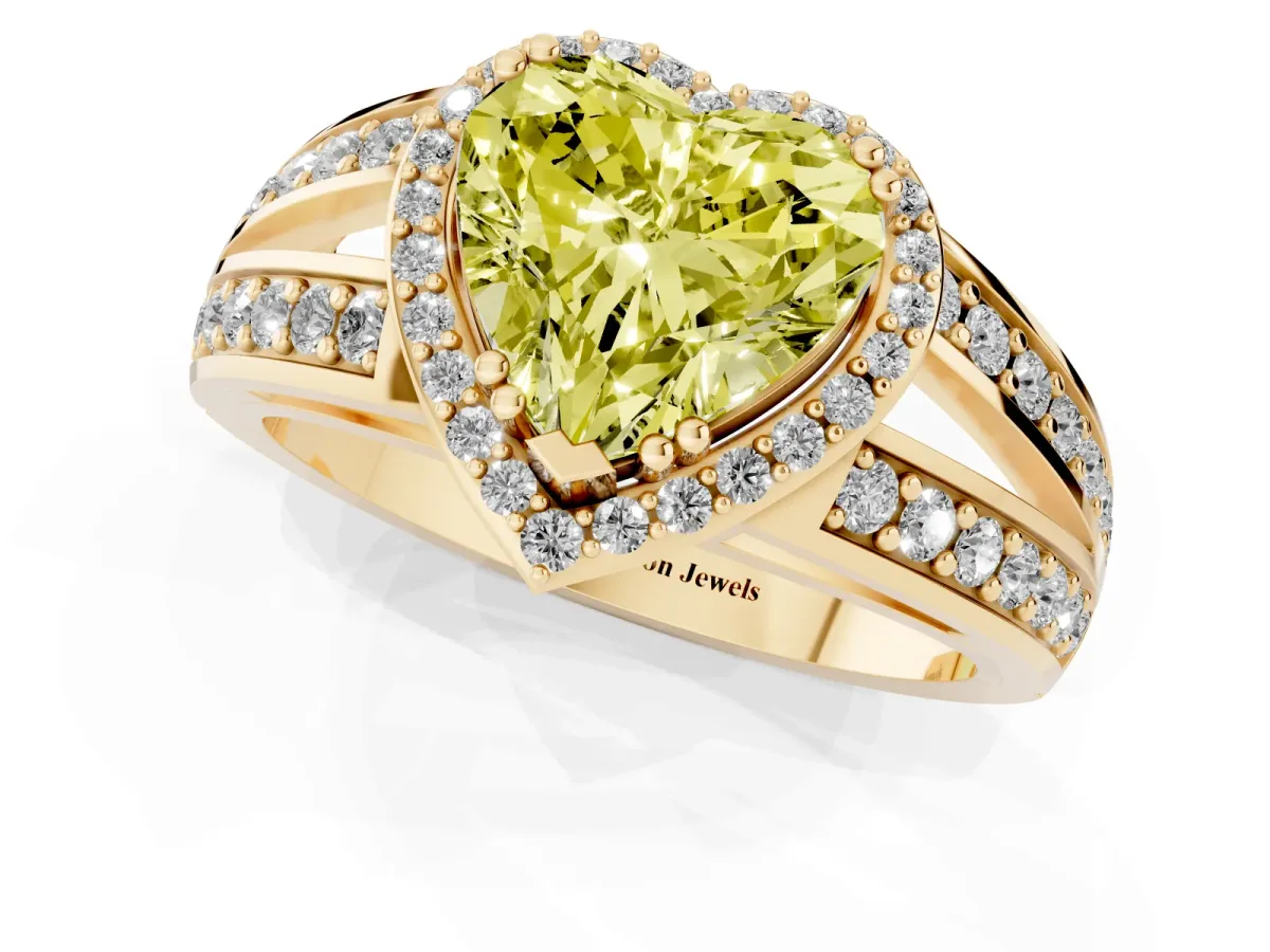 Fancy Yellow Heart Cut Diamond Halo Ring with Split Shank Pavé Band and Four-Prong Setting Yellow gold