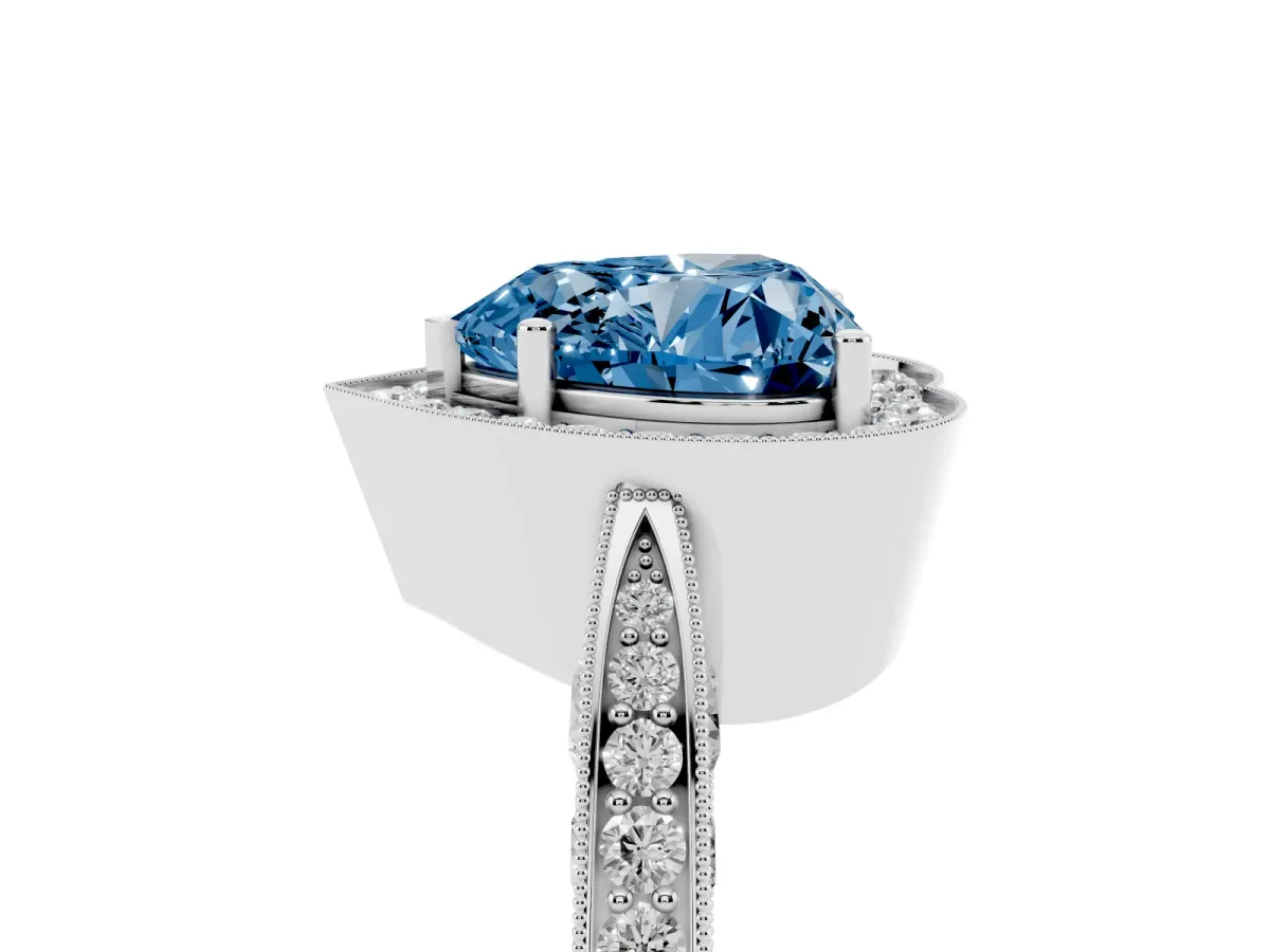 Fancy Blue Heart Cut Halo Diamond Engagement Ring with Split Shank Band and Four-Prong Setting Silver