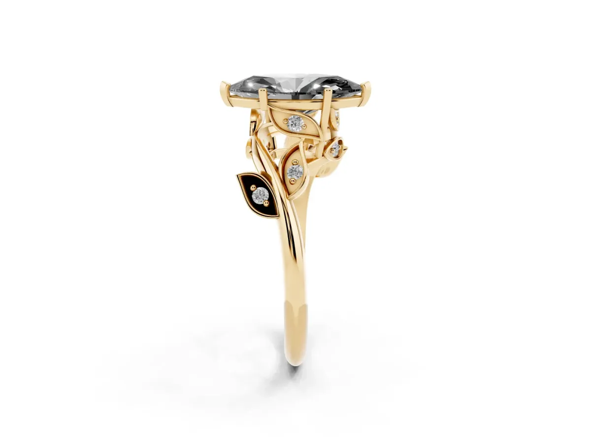 Fancy Black Marquise Cut Solitaire Twist Engagement Ring with Leaf Accents and Prong Setting Yellow gold