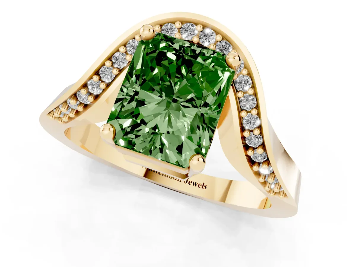 Fancy Green Radiant Cut Solitaire Diamond Engagement Ring with Pave Band and Four-Prong Setting Yellow gold