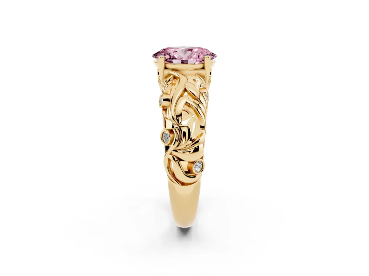 Fancy Pink Oval Cut Solitaire Diamond Leaf-Inspired Vine Band Ring with Prong Setting Yellow gold