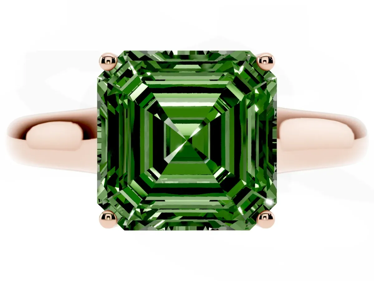 Fancy Green Asscher Cut Solitaire Engagement Ring with Tapered Band and Four-Prong Setting Rose gold