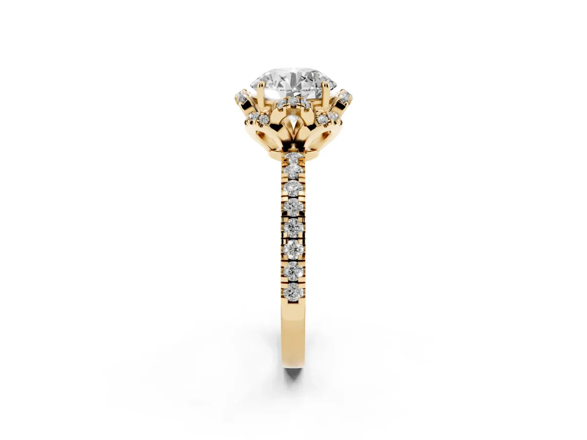 Round Cut Halo Diamond Pave Band Ring with Four-Prong Setting Yellow gold