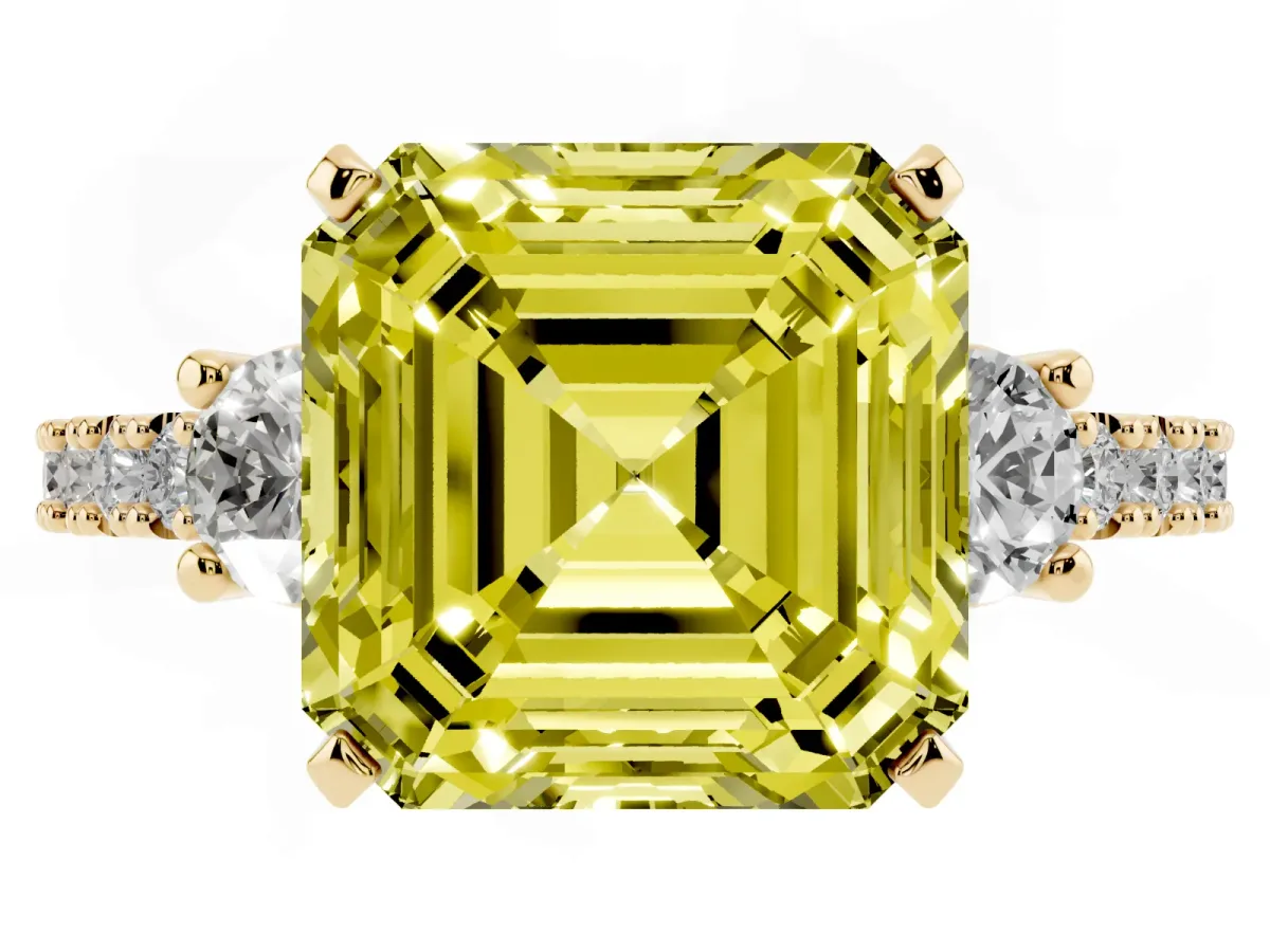 Fancy Yellow Asscher Cut Three-Stone Diamond Pavé Band with Prong Setting Yellow gold
