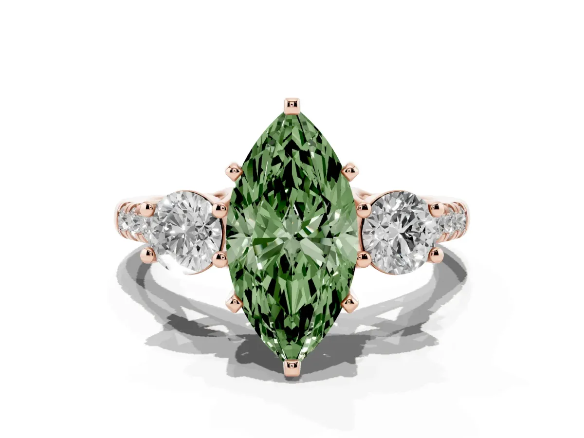 Fancy Green Three-Stone Marquise Cut Diamond Pavé Band with Four-Prong Setting Rose gold