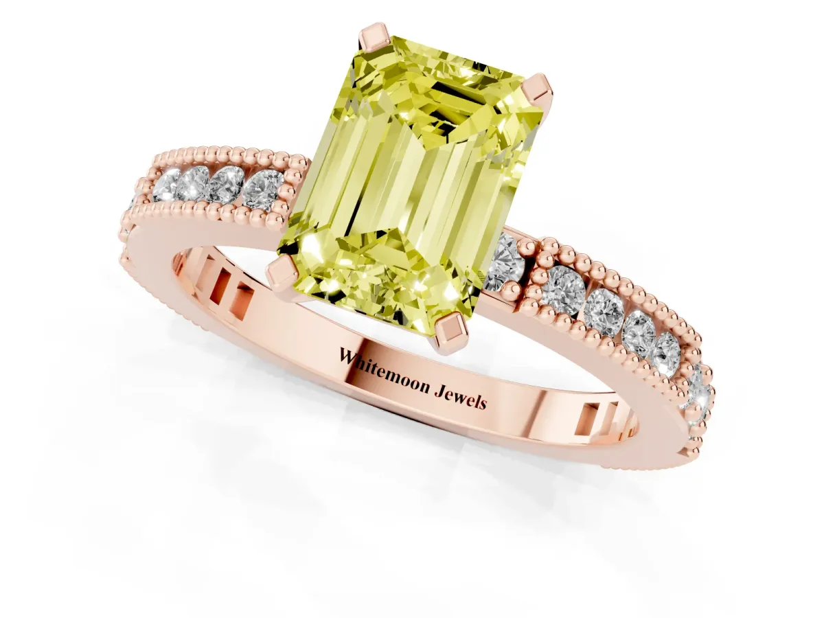 Fancy Yellow Emerald Cut Solitaire with Pavé Band and Four-Prong Setting Rose gold